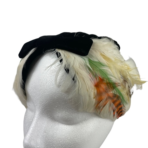 Vintage Flapper Casque Pheasant Feather Black Velvet Hat Cap Lace Lined La Vogue main image 14